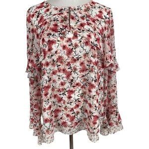 White House Black Market Womens Blouse Size 16 Calico Ruffle Floral Keyhole Neck